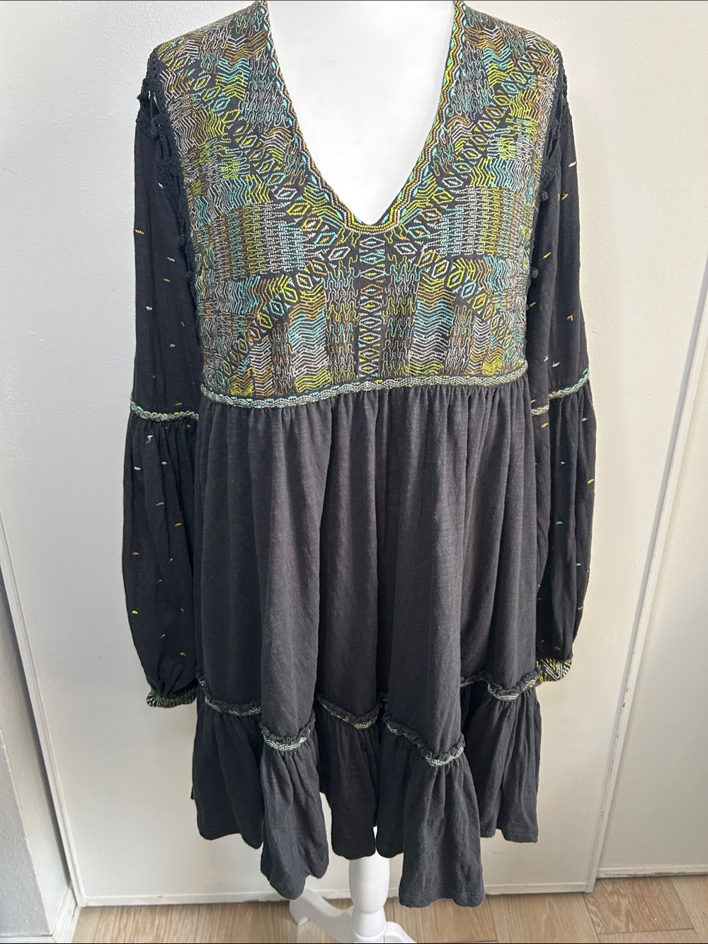 Free People Much Love Tunic Top Mini Dress with Multicolor Embroidered Bodice